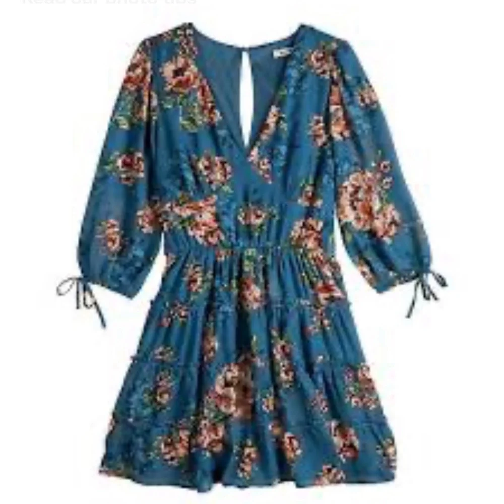SPEECHLESS Teal Floral 3/4 Sleeve Dress XXL, Tiered Skirt V Neck Tie Waist